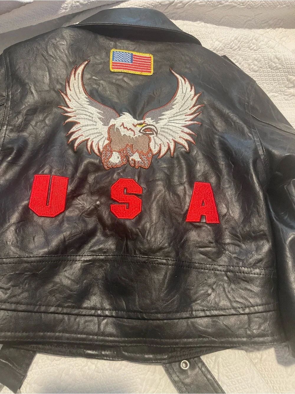Kids 3T Black Faux Leather Moto Jacket with Star Pocket Embroidered Patches. Zip